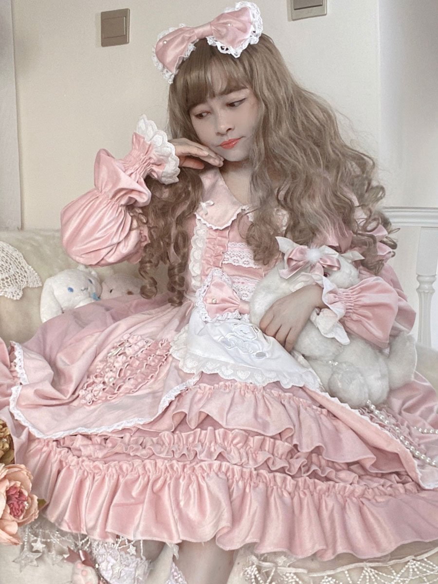 Pink Sweet Lolita Dress Flannel  Lace Ruffles Bows Doll Lolita One Piece Dress Novameme