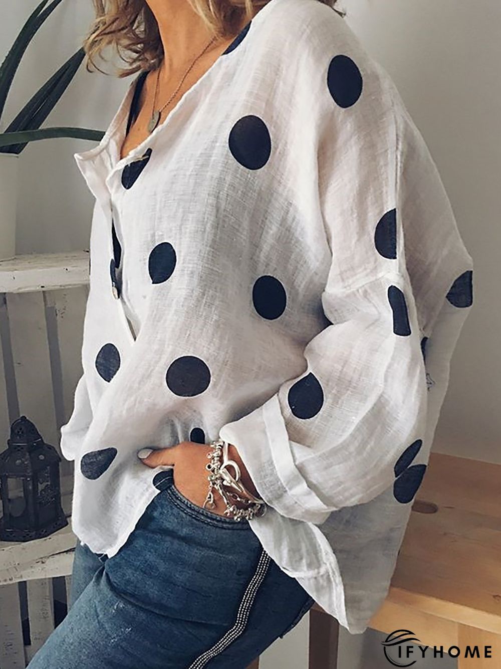 Women Polka Dots Buttoned Long Sleeve Casual Top | IFYHOME