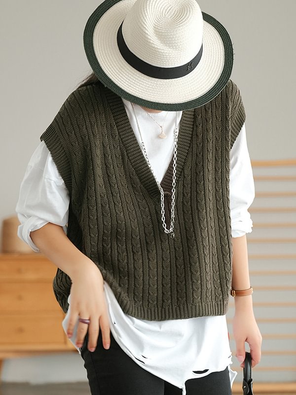 Vintage V-Neck Solid Color Sleeveless Knitting Vest Tops