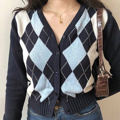 Vintage V-Neck Plaid Long Sleeve Women Sweater 2020 Autumn Winter Short Knitted Cardigan Sweaters Womes England Style Tops