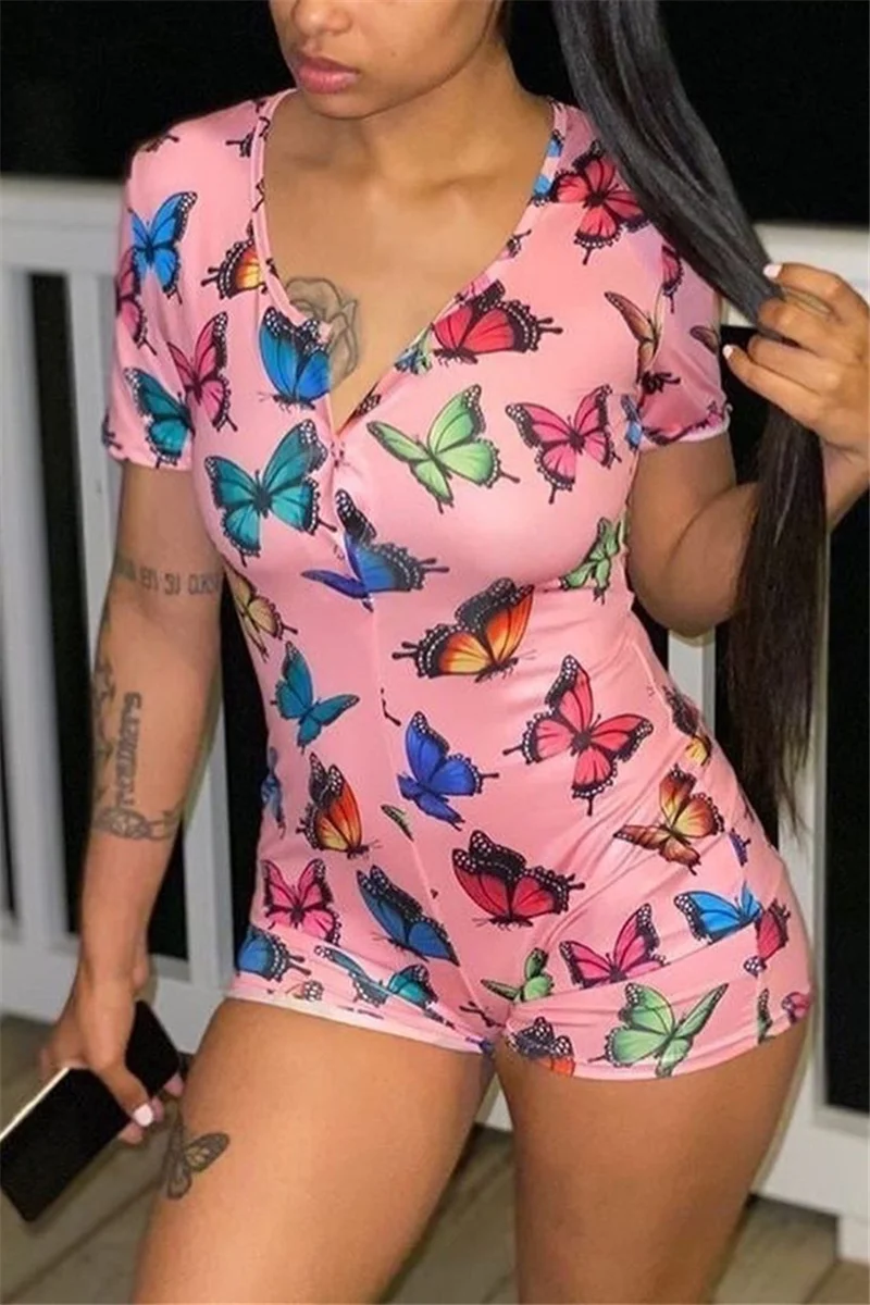 Pink Fashion Casual Living Zipper Collar Short Sleeve Regular sleeve Regular Print Jumpsuits | EGEMISS