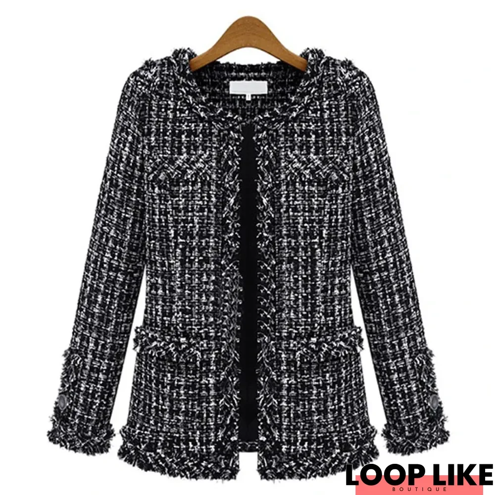 Autumn and Winter Black and White Plaid Tweed Coat Women