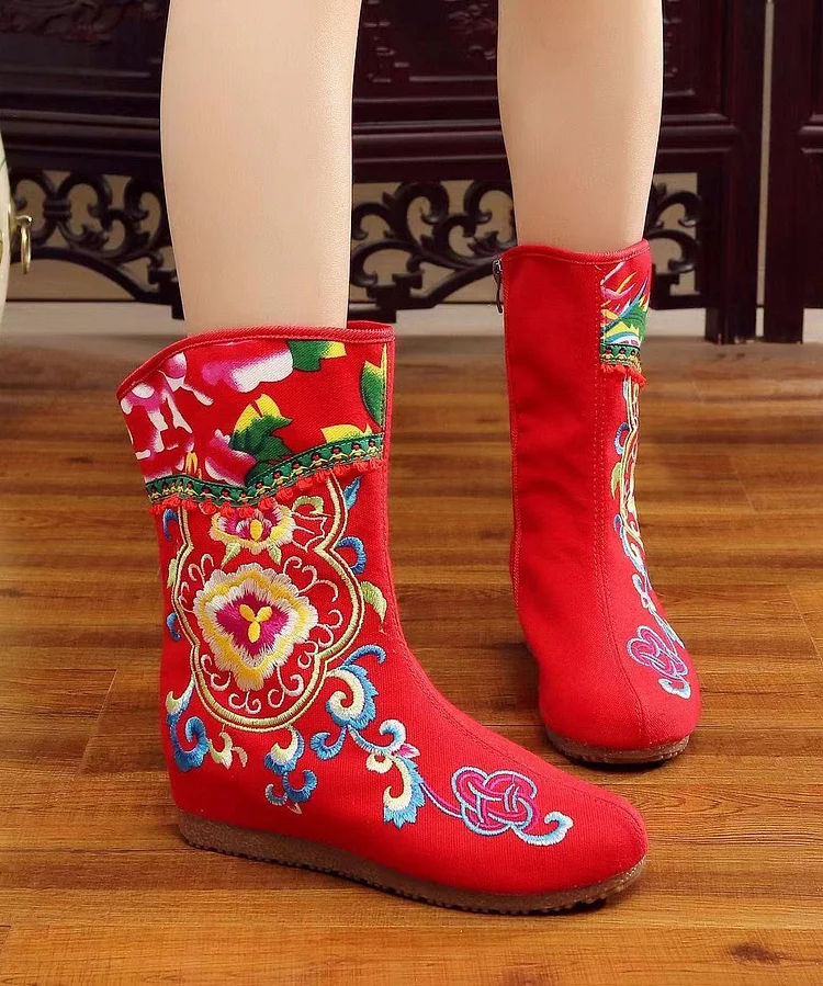 Boho Handmade Comfy Red Embroidery Wedge Boots