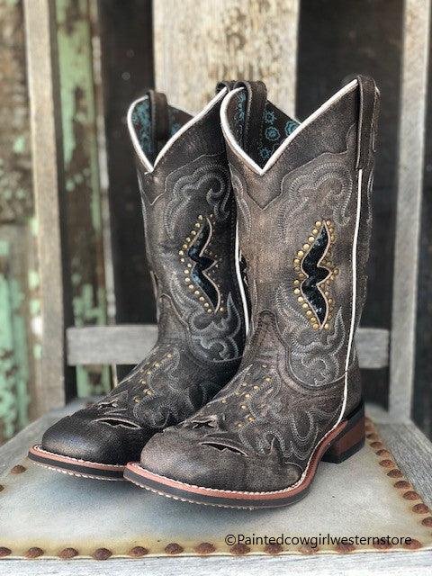 Laredo Women's Distressed Black Spellbound Studded Square Toe Western Boots 5660