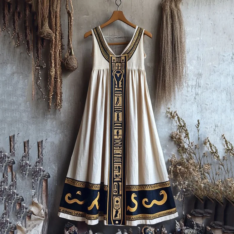 Vintage Egyptian Snake Embroidered Art Linen V Neck Sleeveless Maxi Dress