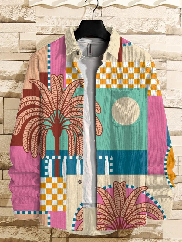 Men's Tropical Palm Trees Mosaic Art Print Corduroy Long Sleeve Shirt