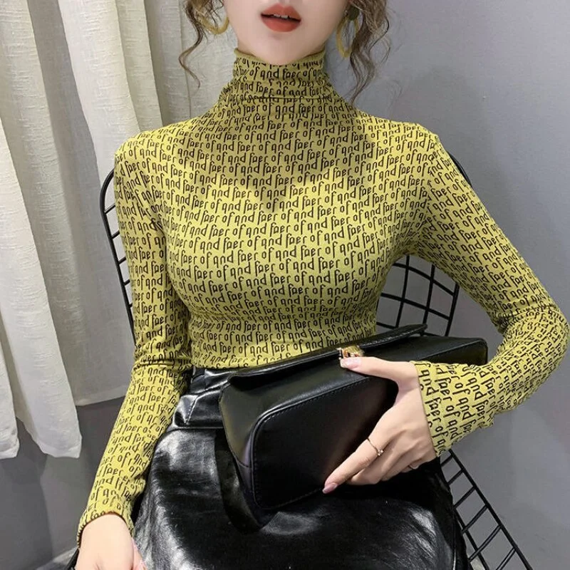 Jangj Fashion Streetwear Letter Printed T-shirt 2022 Spring Autumn Slim Bottoming Shirt for Female Turtleneck Long Sleeve Tops