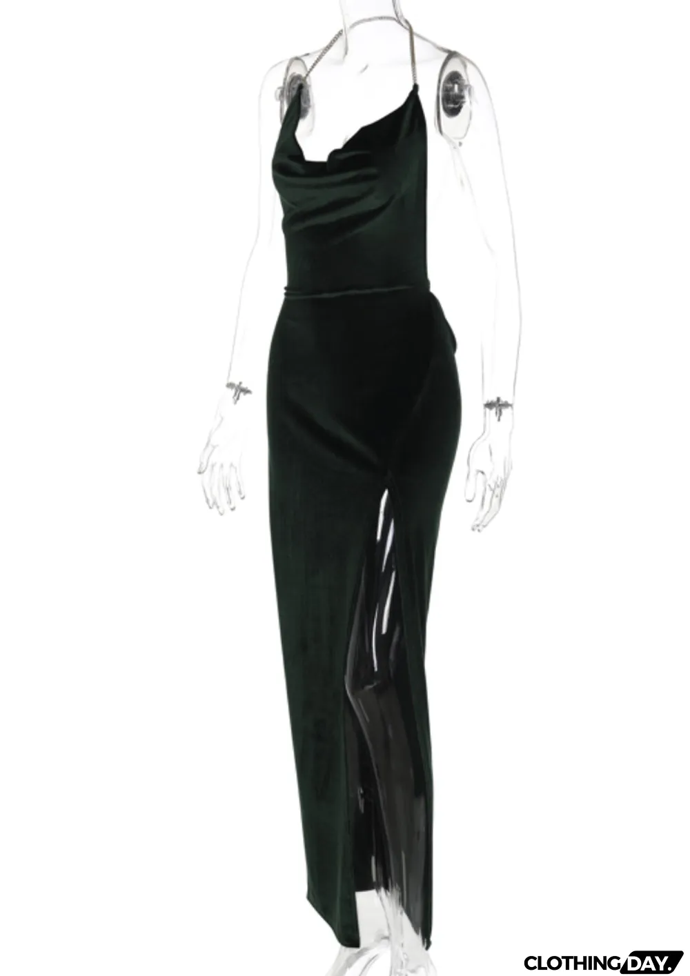 Spring Green Velvet Halter Slit Long Evening Dress