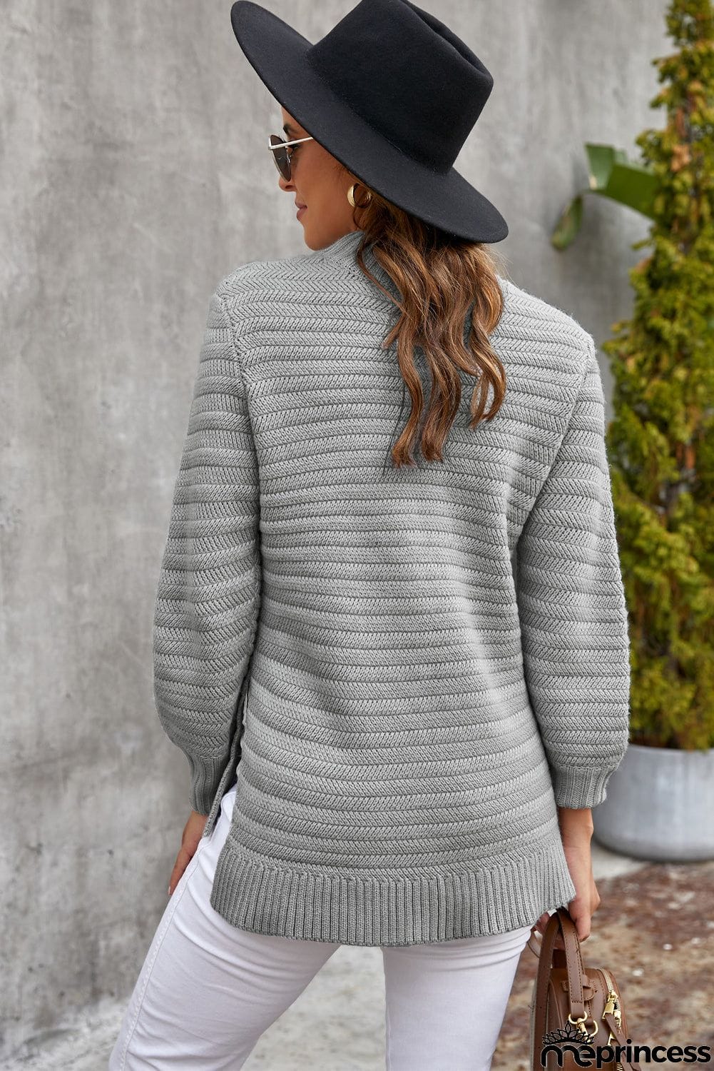Winter Gray Solid Color Stand Collar Textured Sweater