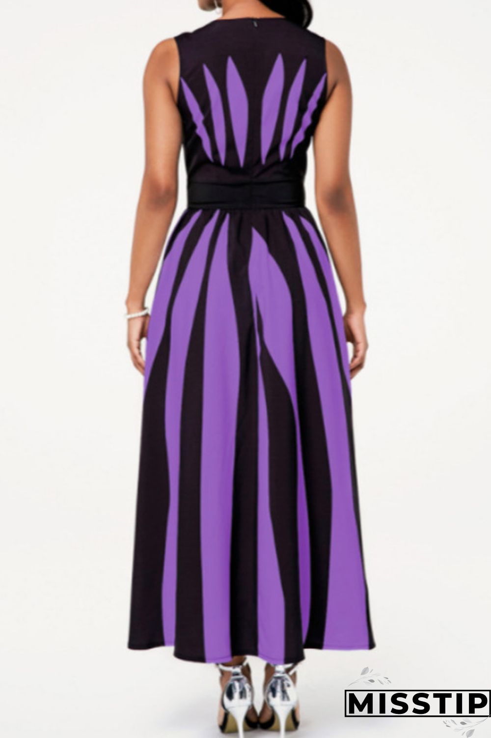 Black Purple Fashion Casual Print Patchwork O Neck Sleeveless Dress