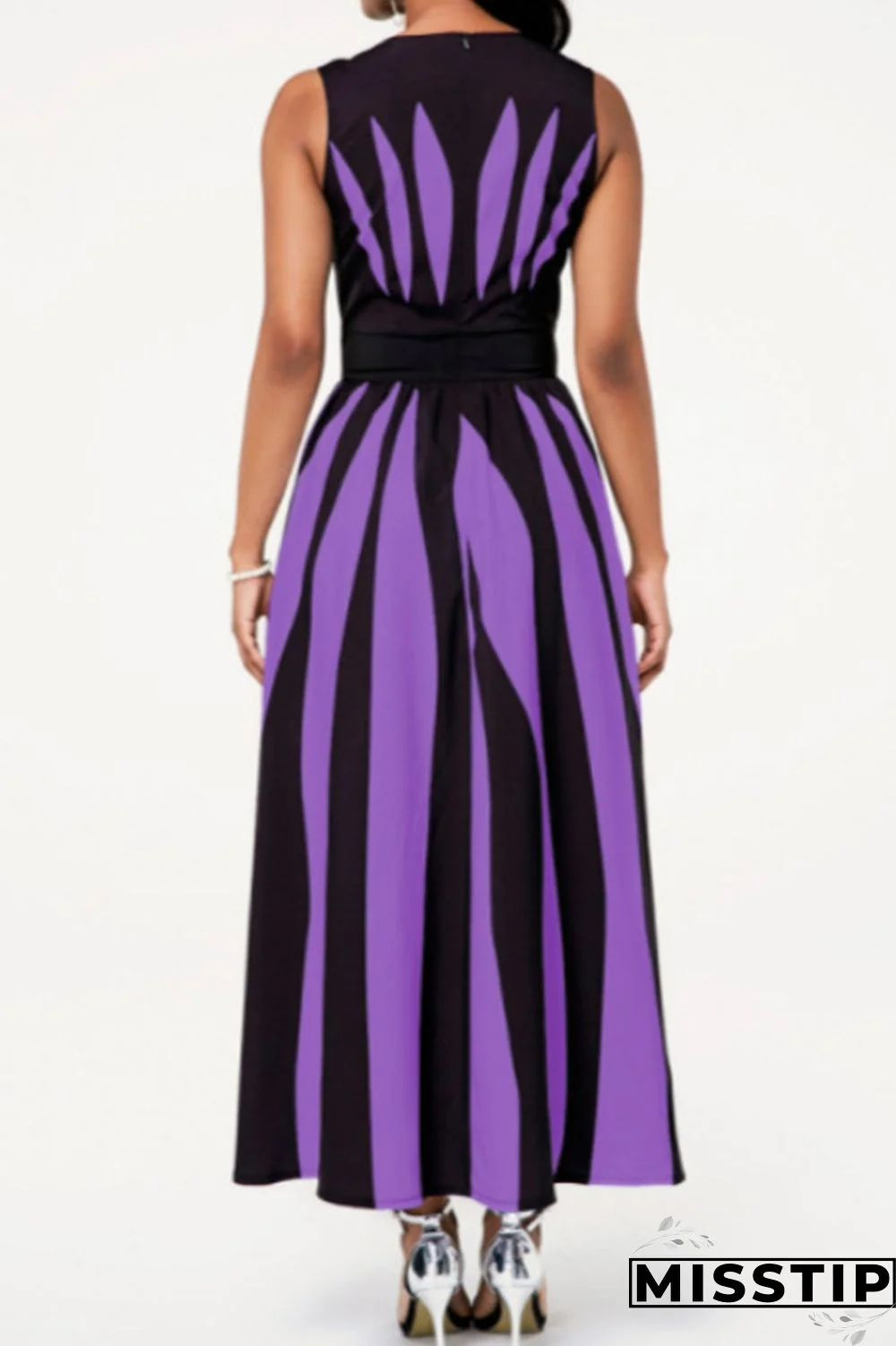 Black Purple Fashion Casual Print Patchwork O Neck Sleeveless Dress