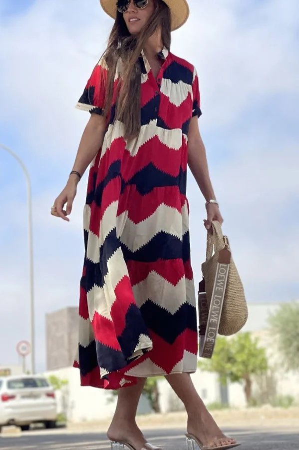 Always True Printed Tiered Button Down Shirt Relaxed Midi Dress