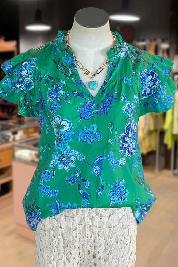 Floral Print Split Neck Flutter Sleeve Top