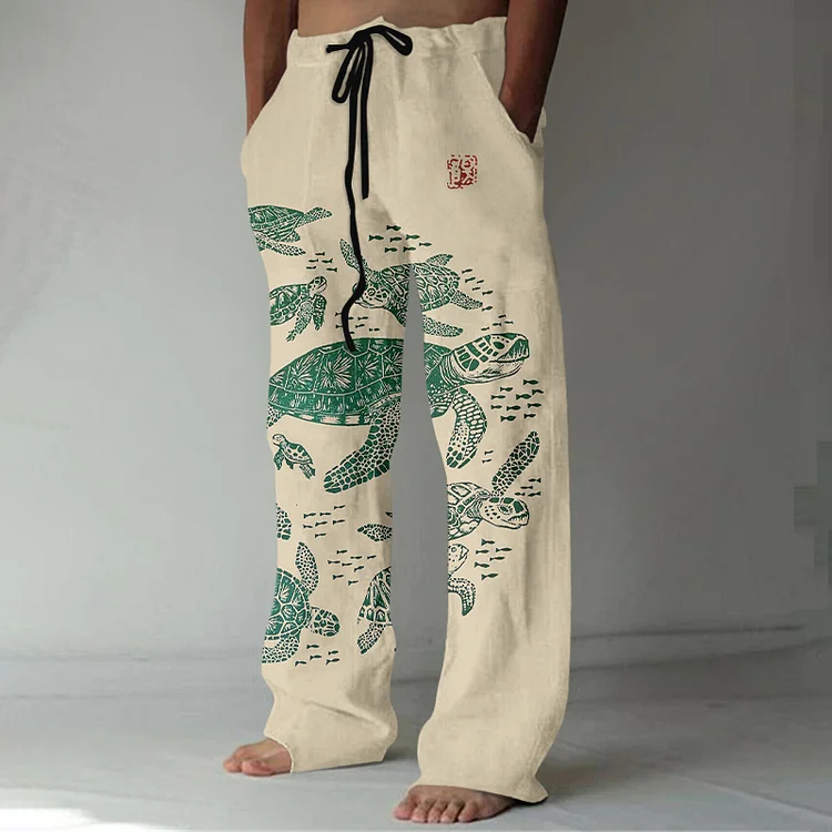 Vintage Sea Turtle Art Painting Print Linen Blend Pants