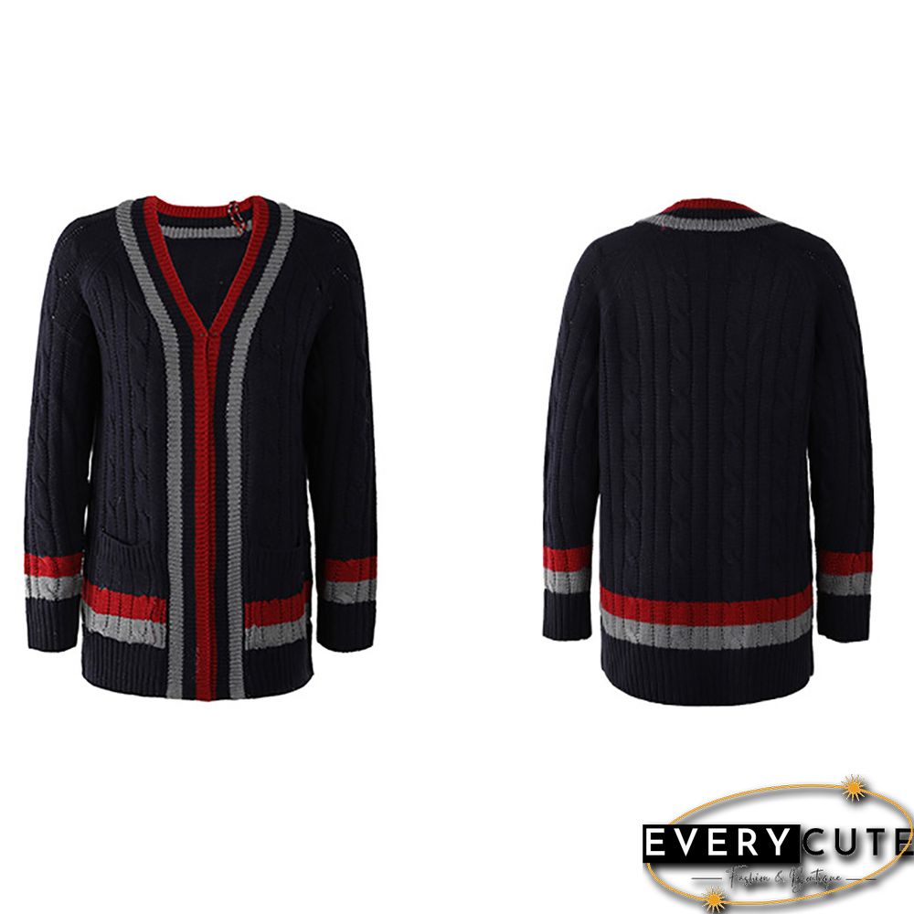 Navy Blue Striped Print Open Front Pocket Cardigan