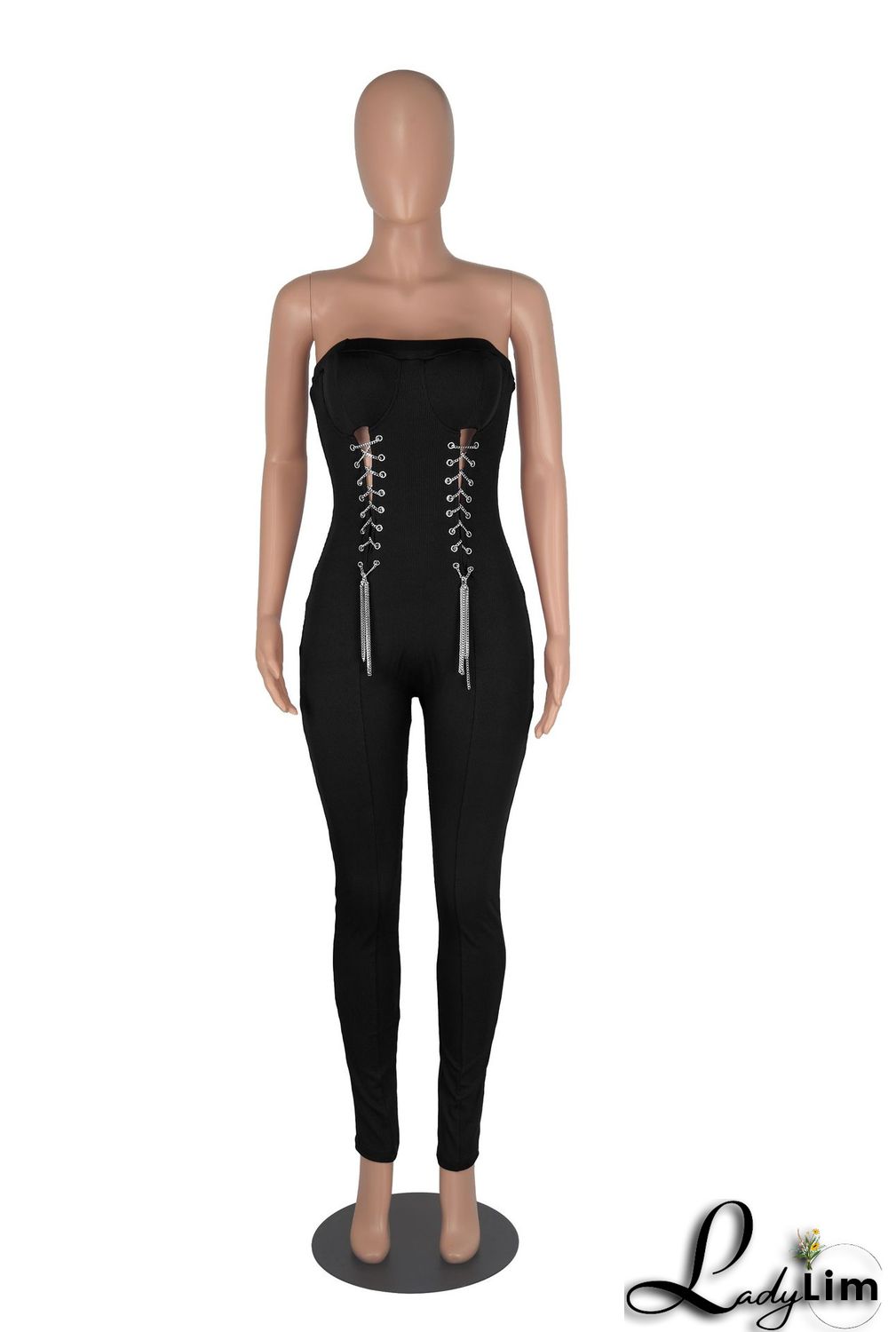 Sexy Tube Top Corns Metal Chain Waist Jumpsuit