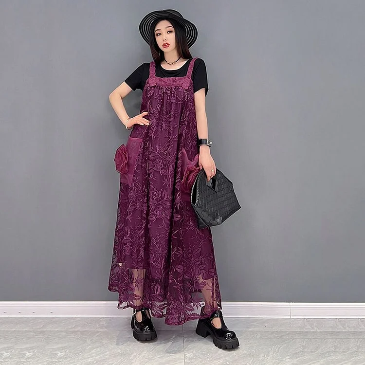 Temperament Flower Lace Rose Decor Pockets Patchwork Strap Dress 