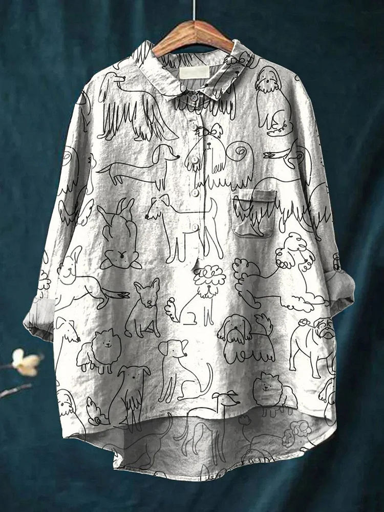 Women's Simple Black and White Line Puppy Print Casual Cotton And Linen Shirt
