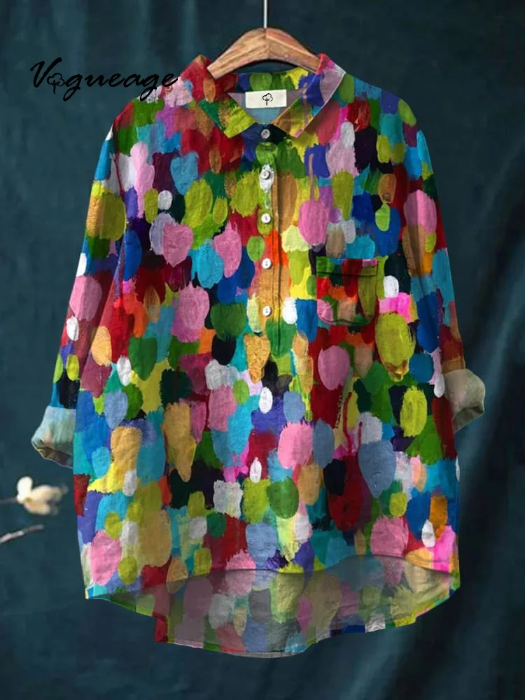 Colorful Oil Painting Fashion Color Matching Printed Cotton And Linen Shirt