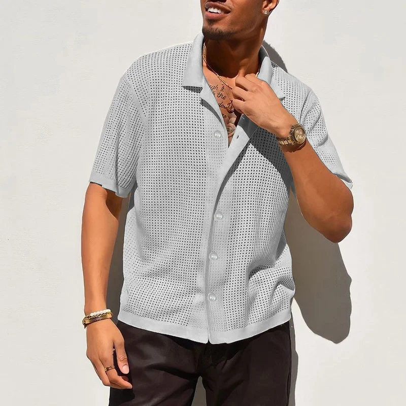 Wongn Wongn Men's Casual Knit Shirt Men's Summer New Solid Color Lapel Hollow Out Breathable Men's Short-Sleeved Jacket