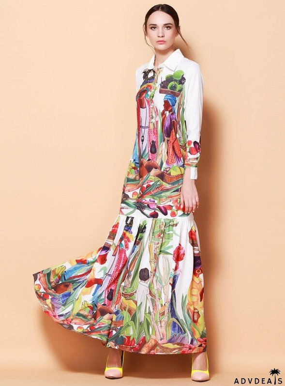 Maxi Dress with Turn Down Collar and Long Sleeves for Women