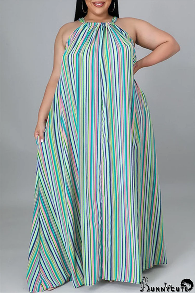 Green Fashion Casual Plus Size Striped Print Backless O Neck Sleeveless Dress