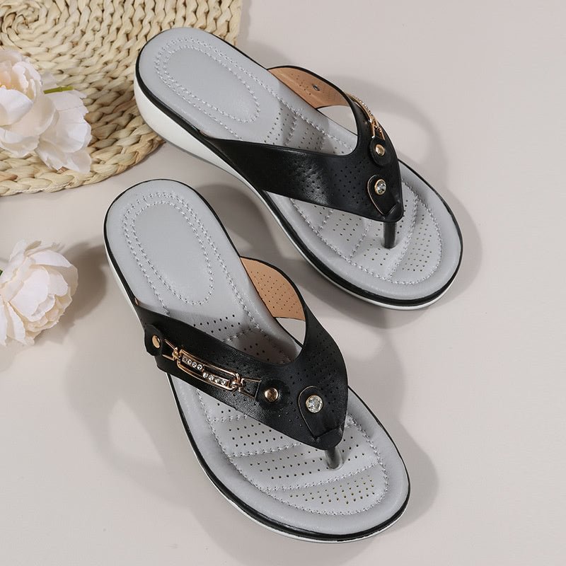 Metal Rhinestone Slope Heel Flip-Flops