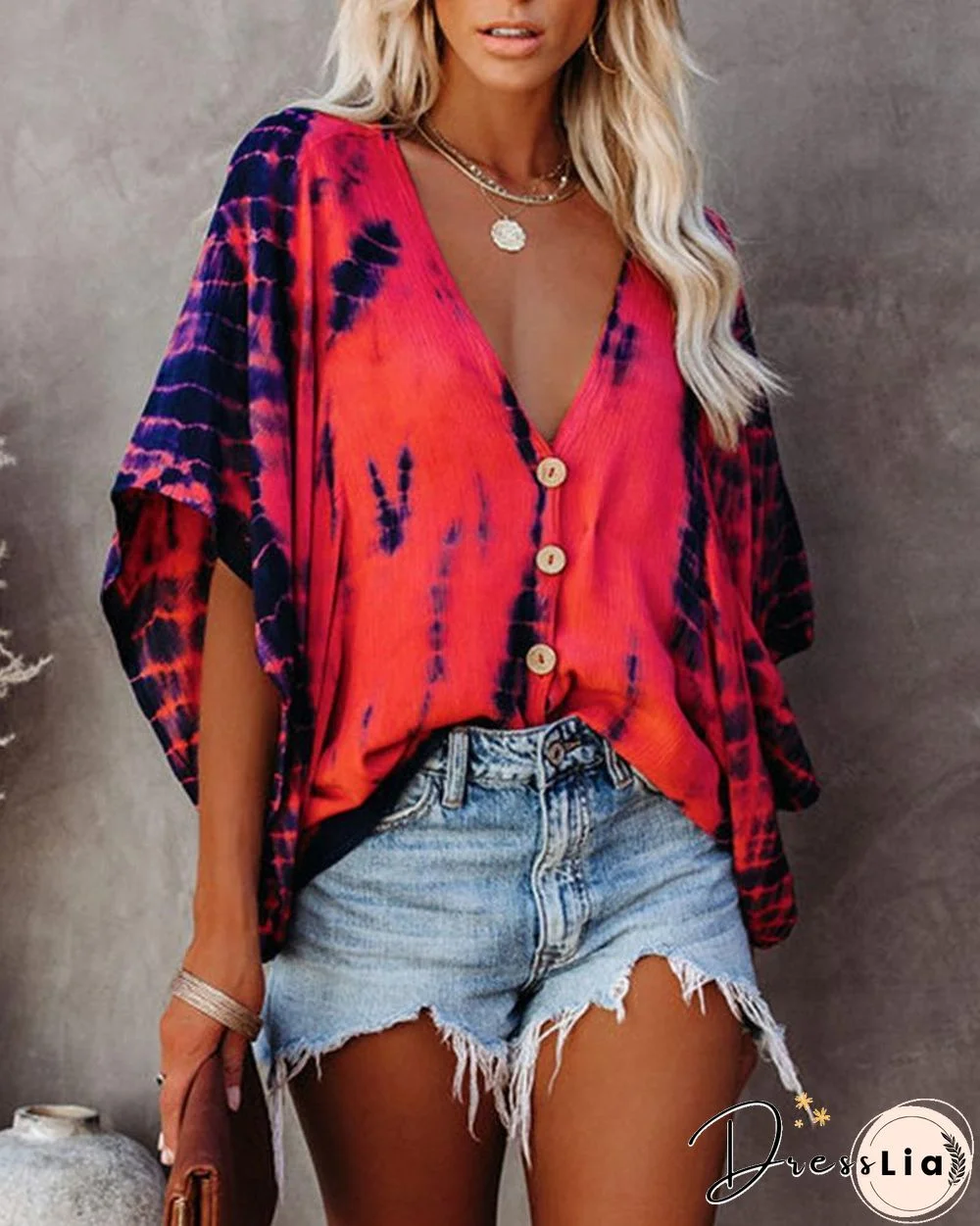Bat Sleeve Tie-dye Print Blouse P10154