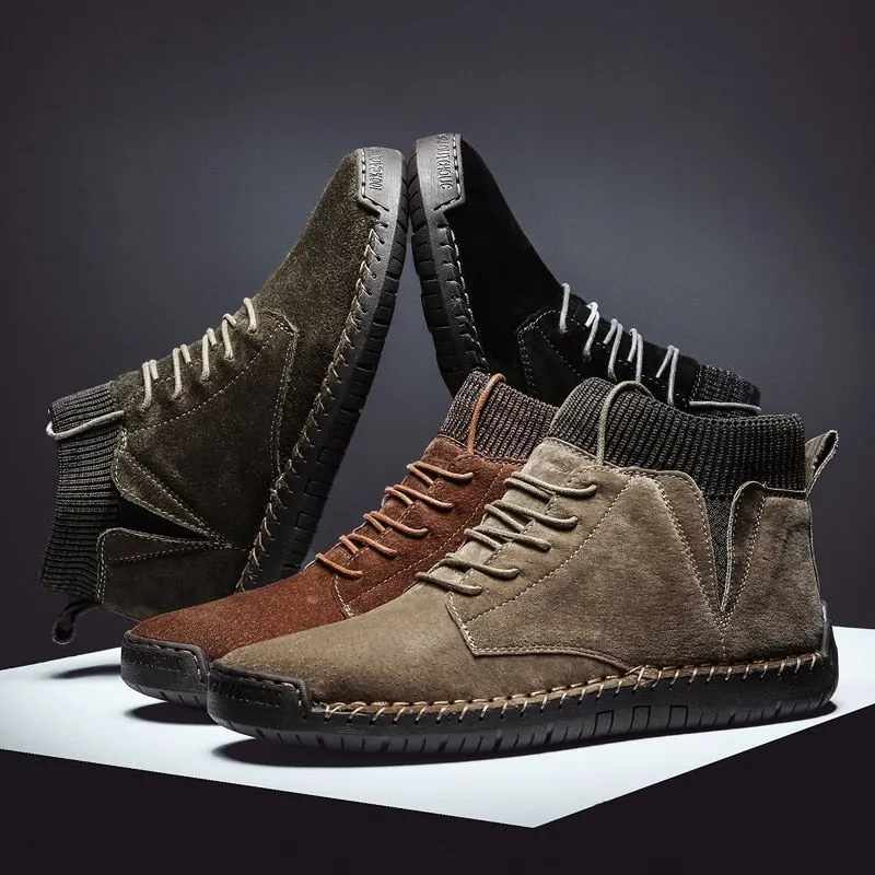 Nine o'clock 2020 Quality Winter Men's Leather Boots Outdoor Comfortable Elastic Sock Male Shoes Casual High-Top Lace-up Boots