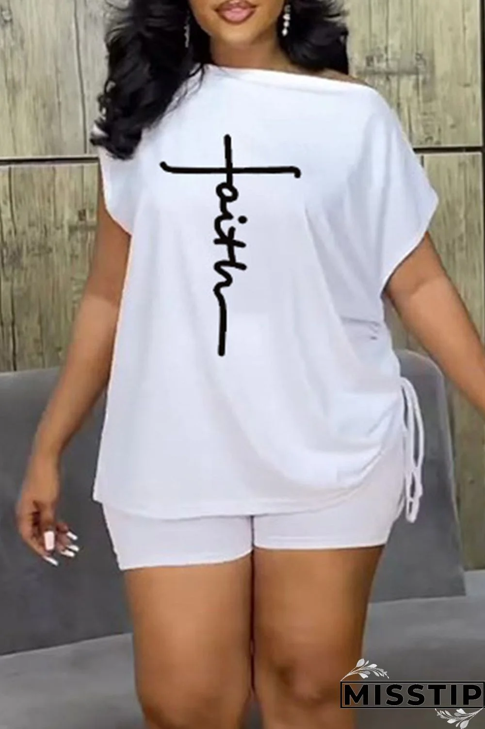 White Casual Print Patchwork O Neck Short Sleeve Two Pieces