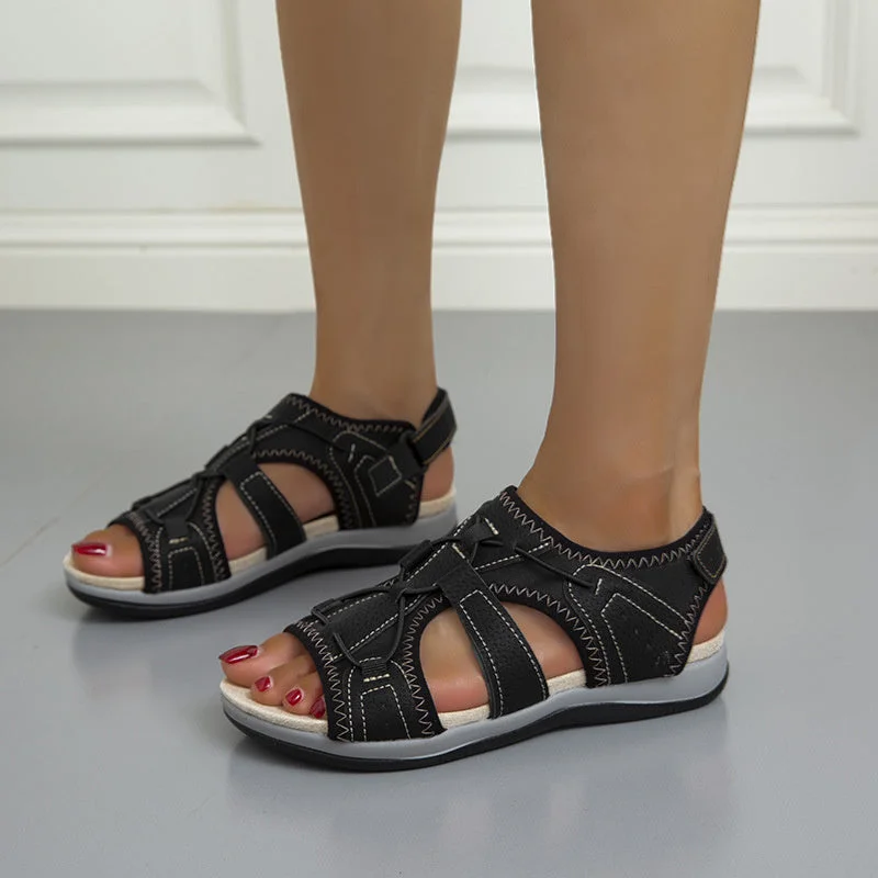 Women's Summer Velcro Round Toe Solid Color Canvas Casual Sandals