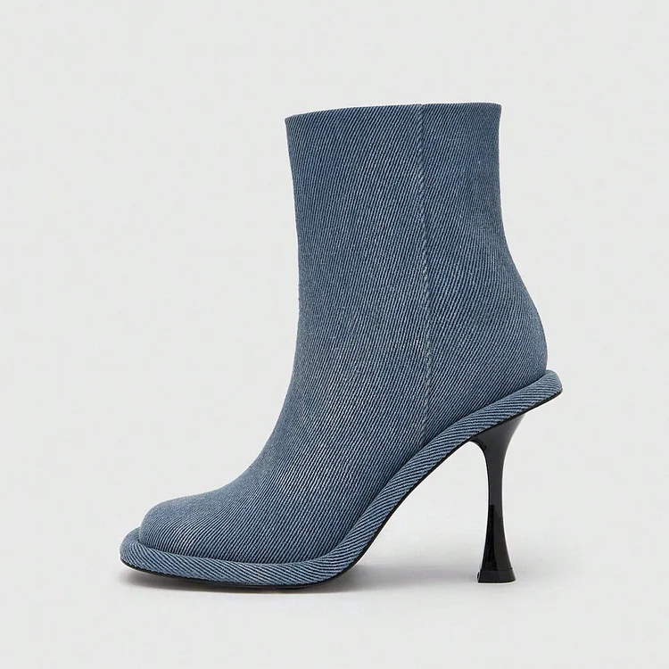 Women's Blue Square Toe Booties Stiletto Heel Denim Boots |FSJ Shoes