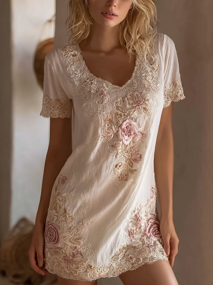 Lace Rose Embroidery Design V-neck Short-sleeve Dress elevenforest