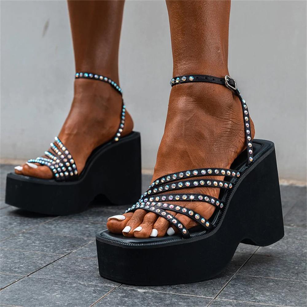 Stylish Open-Toe Rhinestone Strappy Black Heels Sandals with Platform Nicepairs