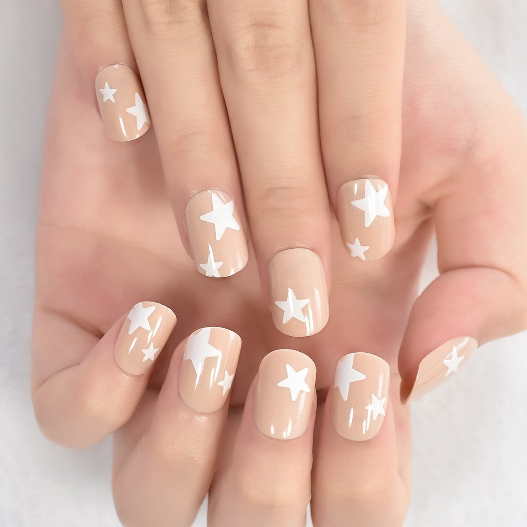 Medium Squoval Fingernails White Star Pattern Glossu Tips Manicure Full Cover Press On Nails Art For Daily Wear Office Party