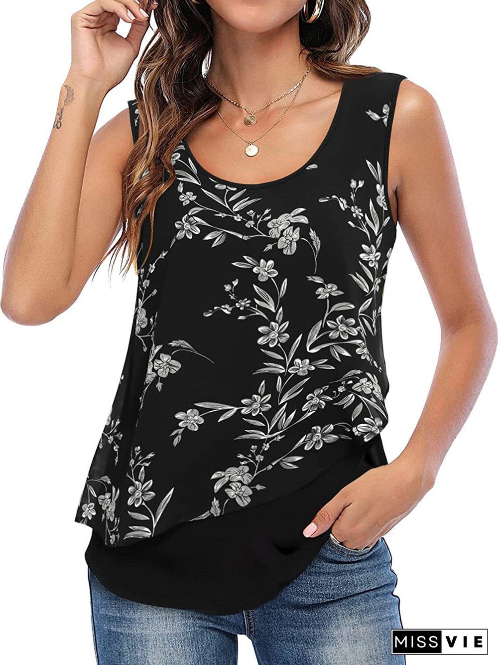 Women's Sleeveless Round Neck Flower Print Casual Top