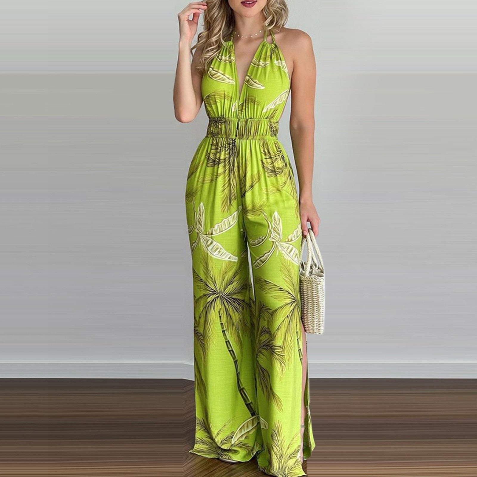 Sexy Off Shoulder Spaghetti Strap Jumpsuit Woman Flower Print Backless Long Wide Leg Jumpsuits For Women 2023 One Piece Rompers LANFUBEISI