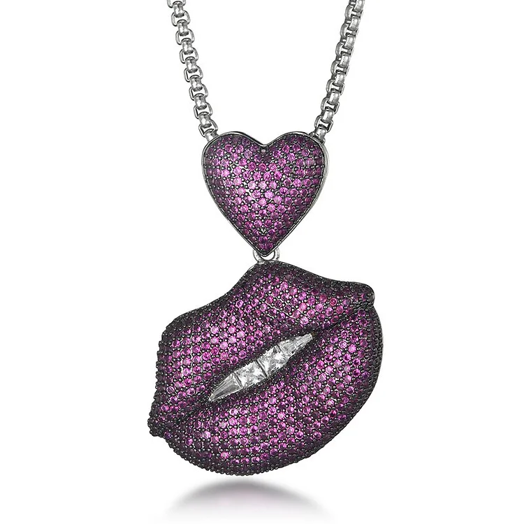 Hip Hop Full Iced Out Purple CZ  Lips Pendants Necklace-VESSFUL
