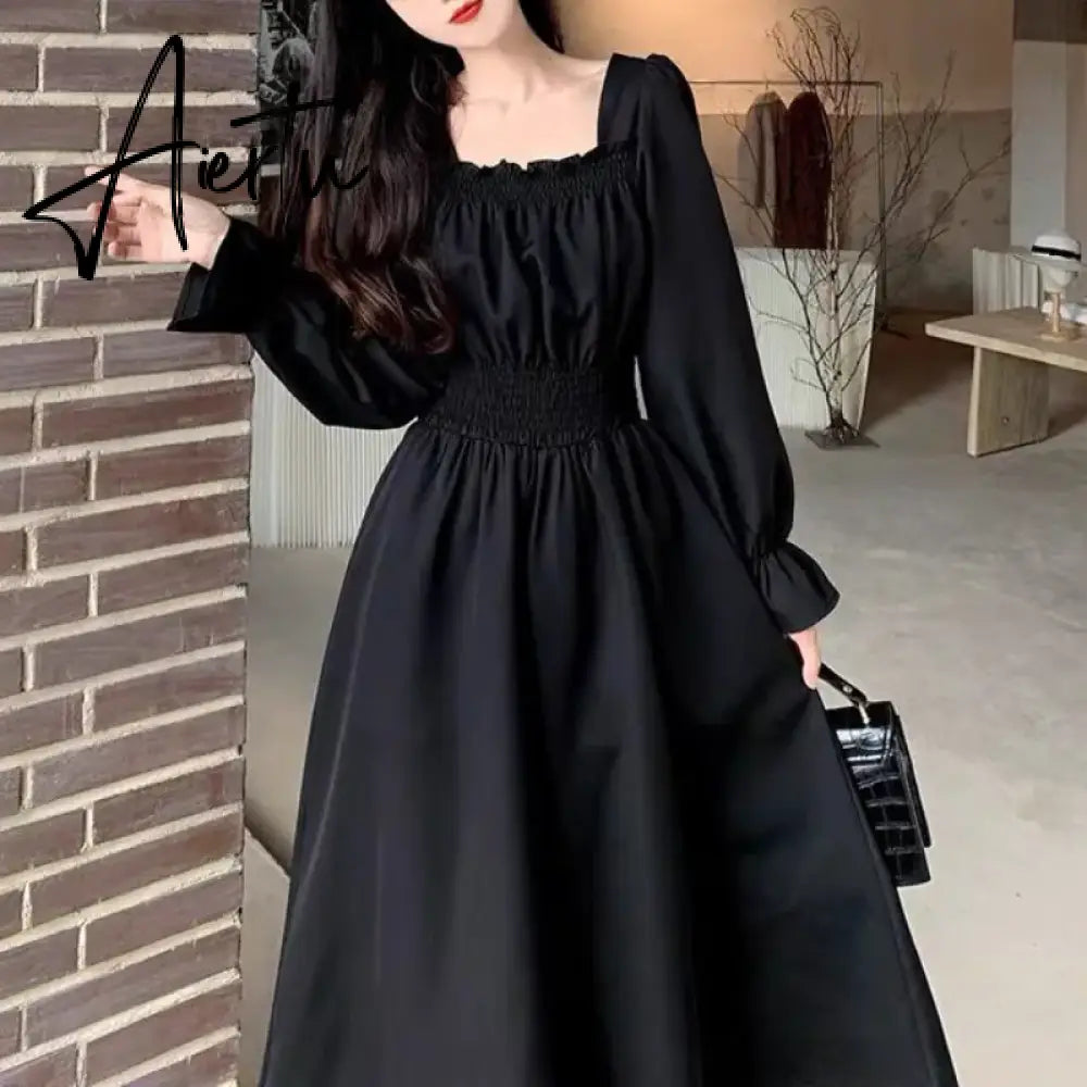 Aiertu  Black Elegant Dress Women Vintage Long Sleeve Spring Autumn Dresses Square Collar Oversize Loose Casual Robe Streetwear Aiertu