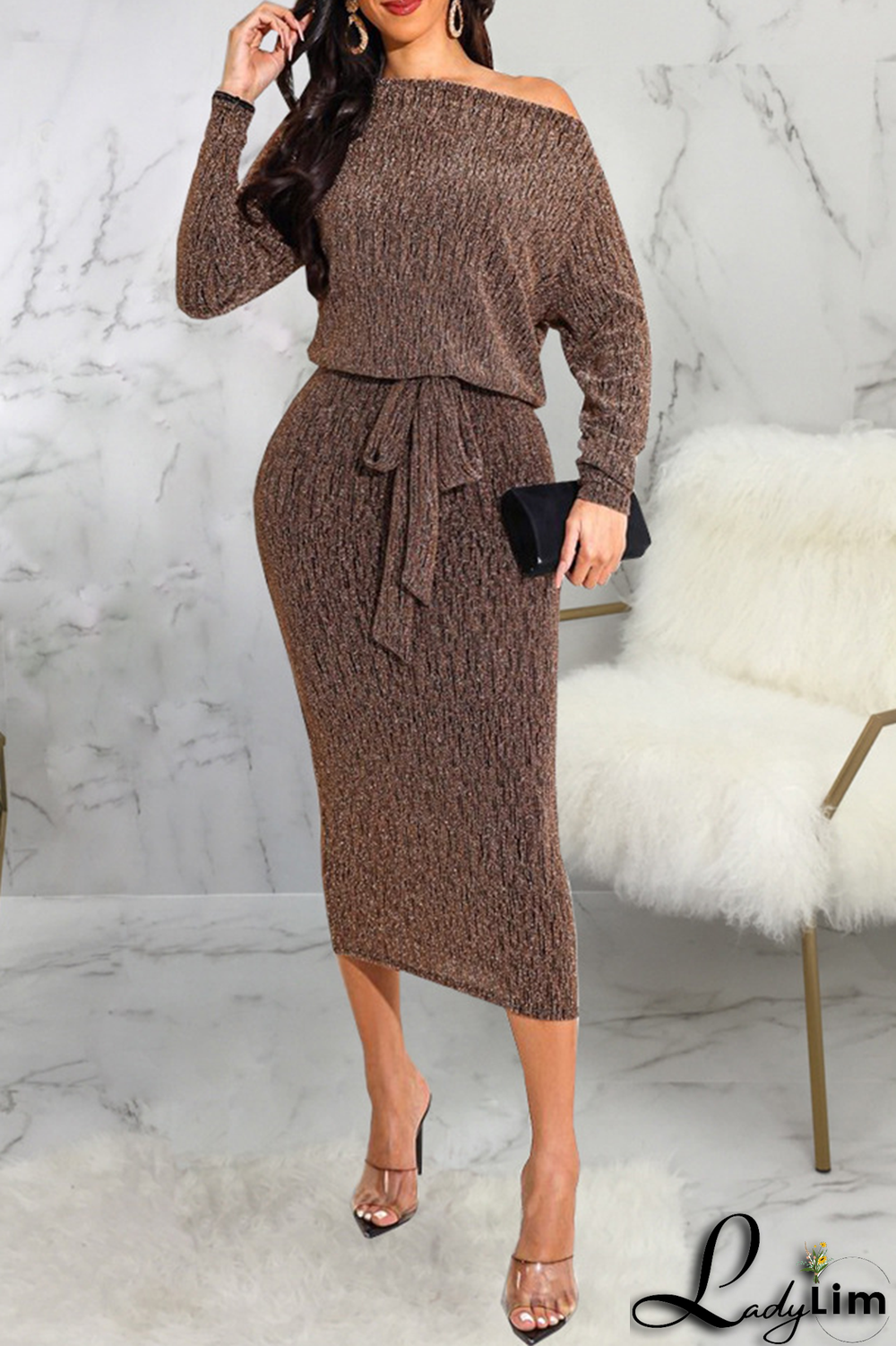 Burgundy Casual Solid Split Joint Off the Shoulder Waist Skirt Dresses