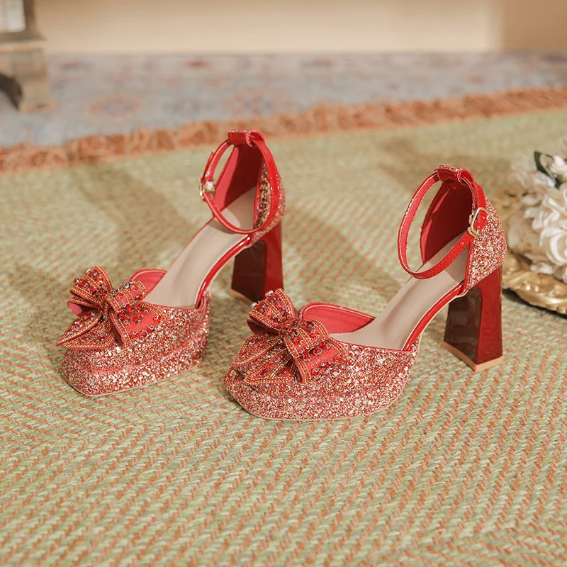 Churchf Churchf Waterproof Platform Thick With A Word Button Mary Jane High Heels Sequins Hollow Wedding Shoes Bridesmaid Shoes Single Shoes Women