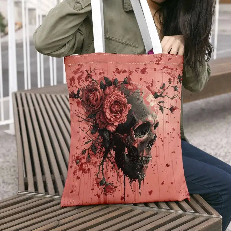 Halloween Women’s Cotton Flower Skull Streetwear Square Open Shoulder Bag