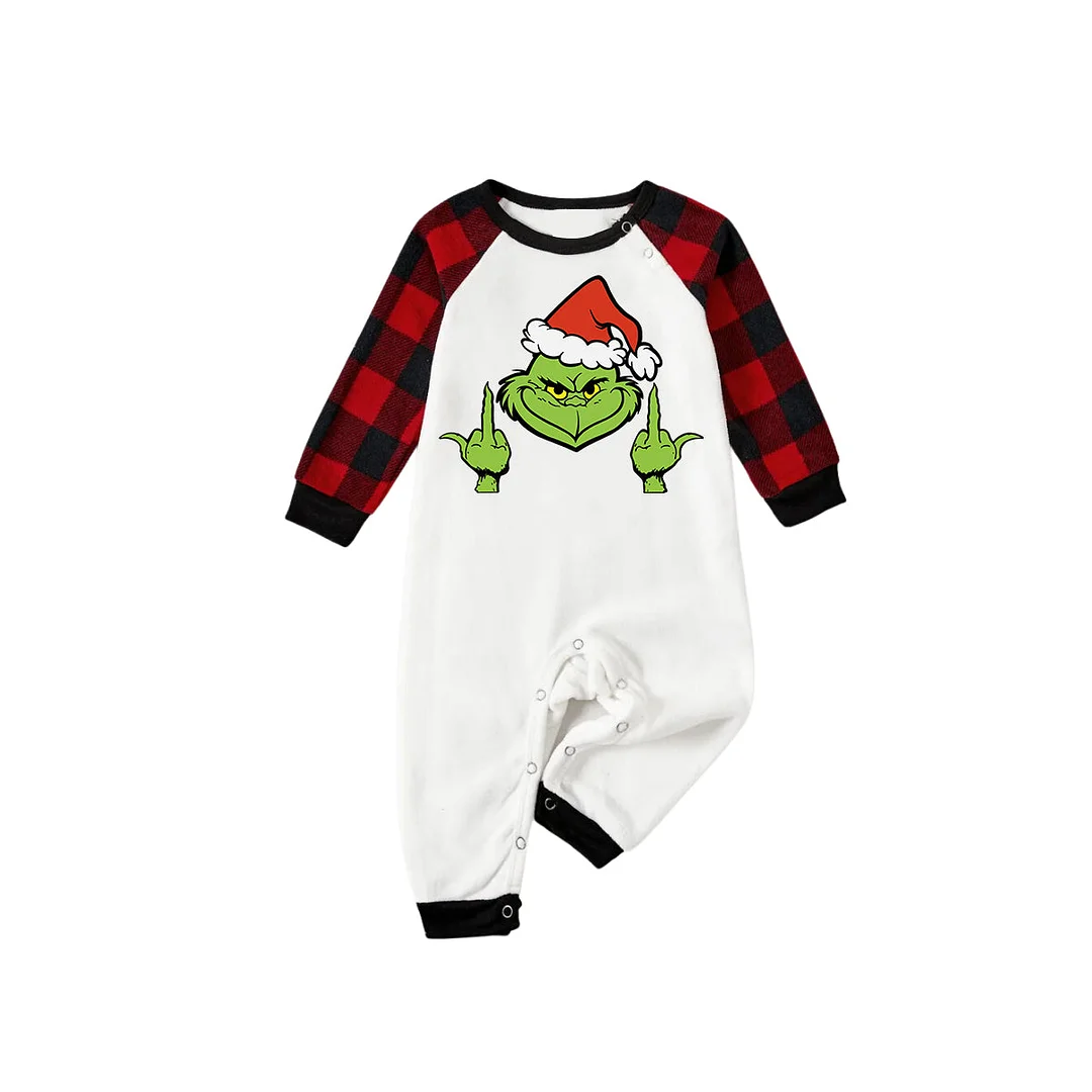Christmas Green Cartoon Character With Santa Hat Pattern Print White Top And Red&Black Plaid Pants Family Matching Pajamas