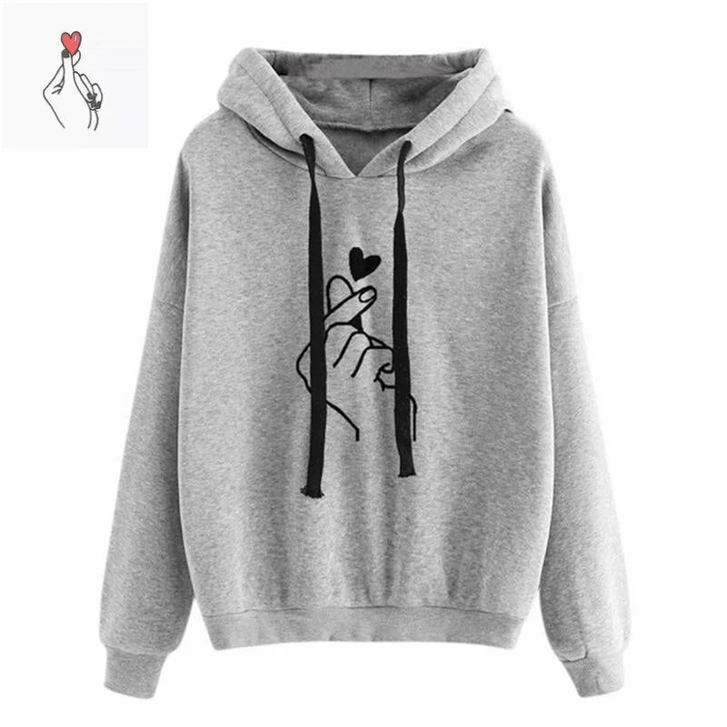 Women Hoodies Fashion Finger Heart Love Pattern Hooded Sweatshirts Autumn Winter Casual Drawstring Long Sleeve Female Pullovers