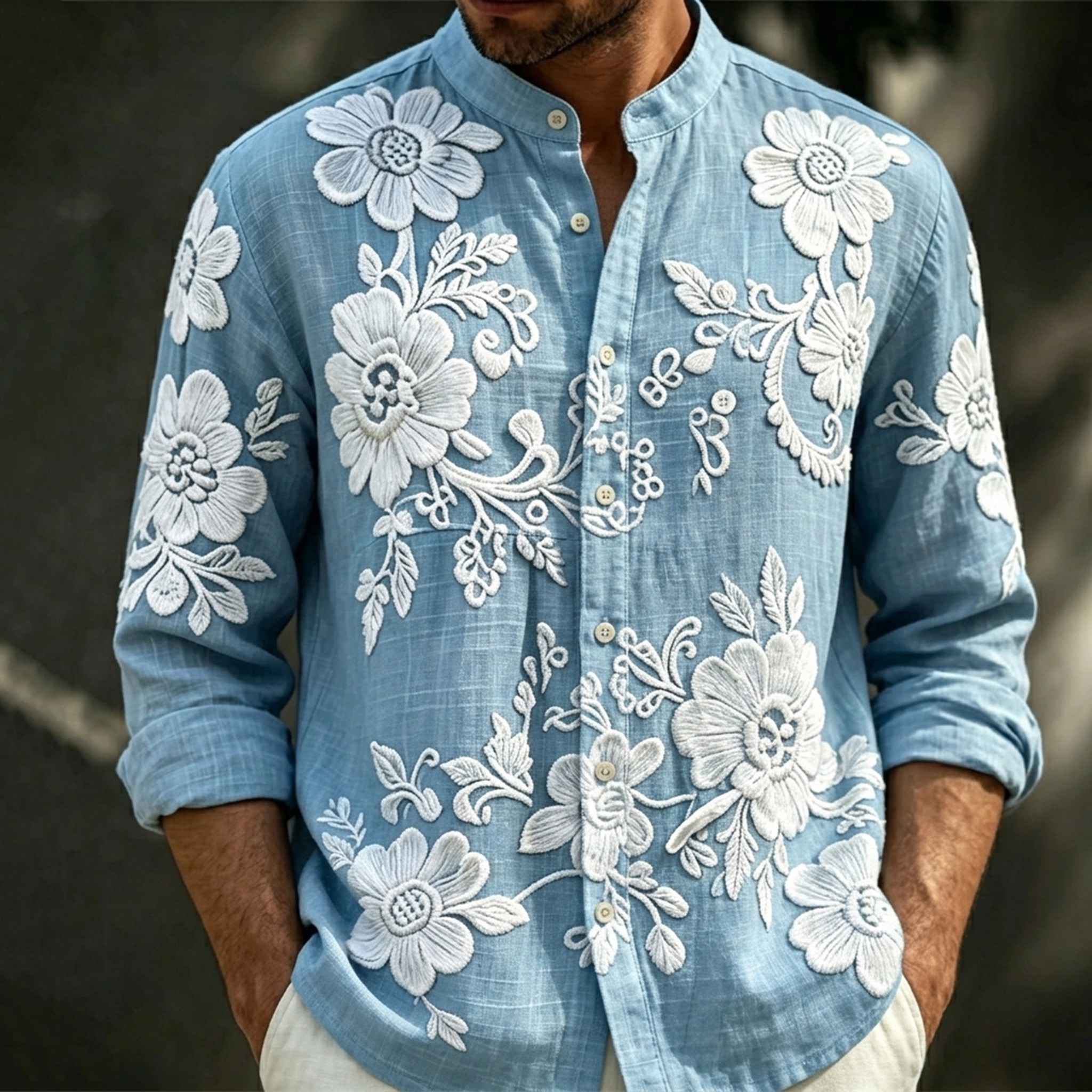 Men's Spring Floral Embroidered Art Print Flowy Linen Blend Casual Shirt artswardrobe