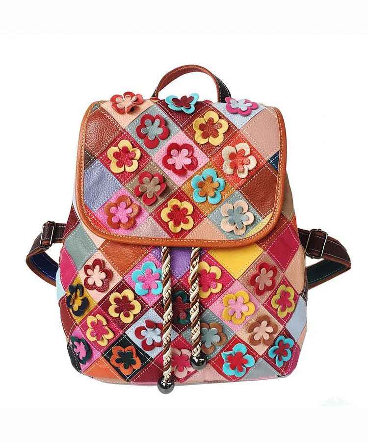 Handmade Multi Color Floral Patchwork Calf Leather Backpack Bag