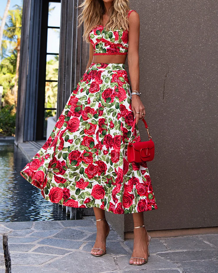 Rose Print Suspender Patchwork Top and Skirt Two-piece Suit