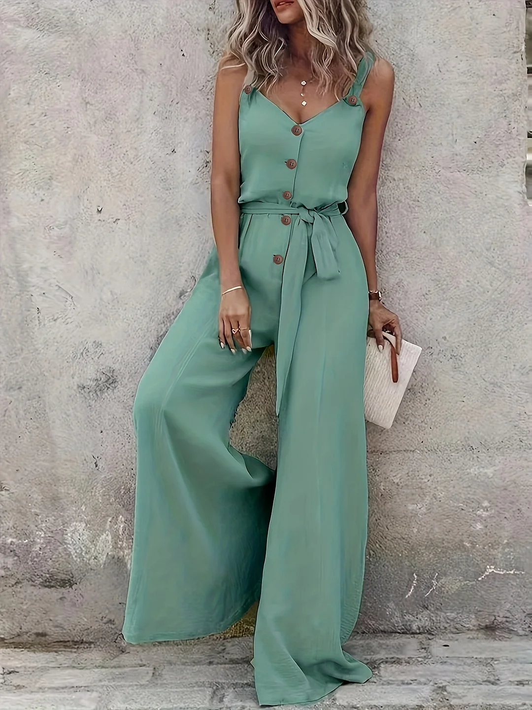Women's Solid Color Buttoned Drawstring Wide-Leg Loose Fit Jumpsuit Ns702 | IFYHOME