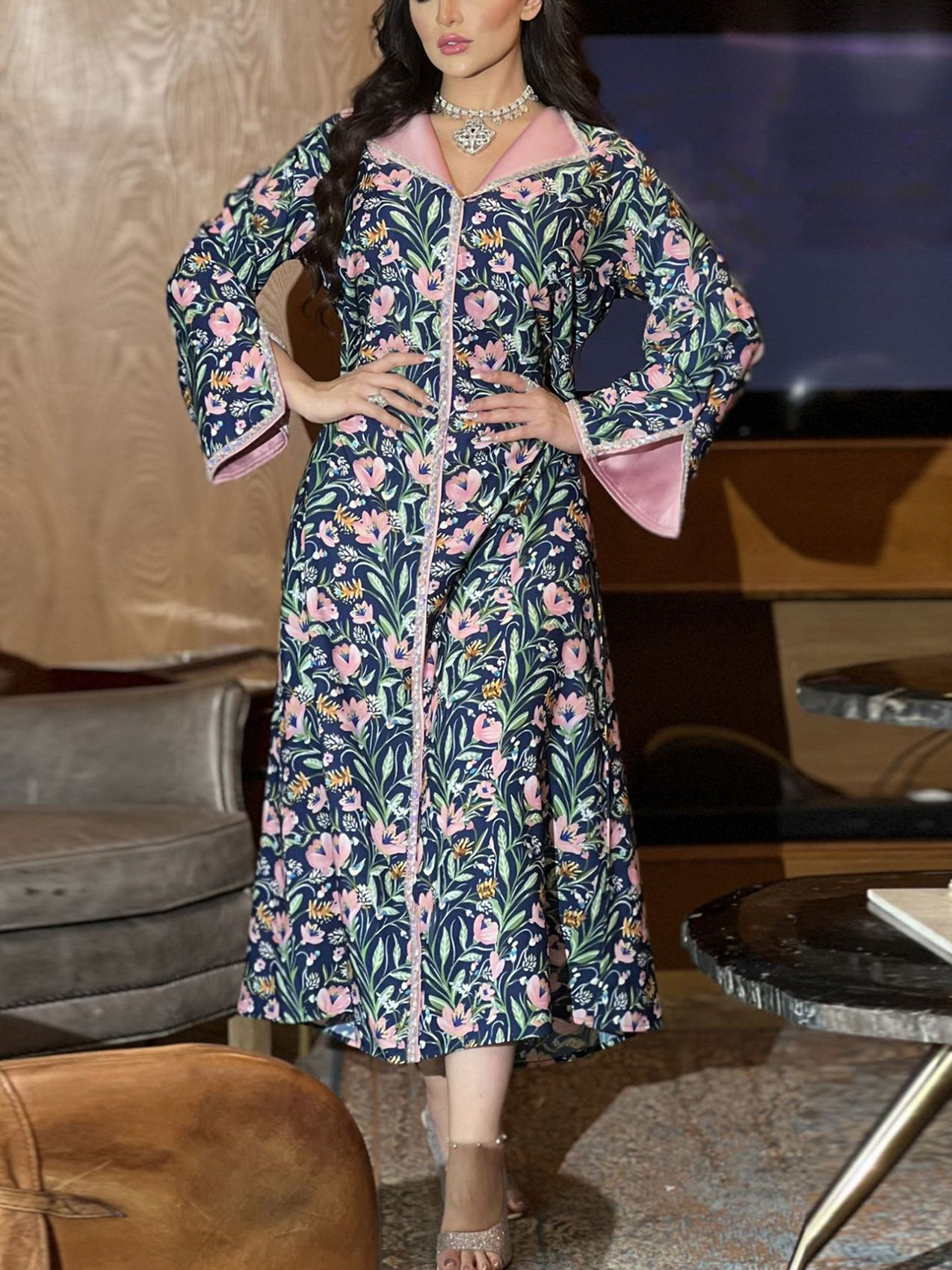 Floral Pattern Lapel Long Sleeve Kaftan | Oxredo Shop Ramadan Sale