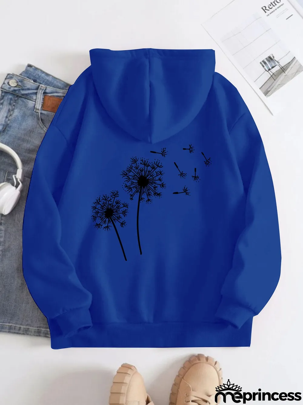 Printed on the Back Kangaroo Pocket Hoodie Long Sleeve for Women Pattern Dandelion